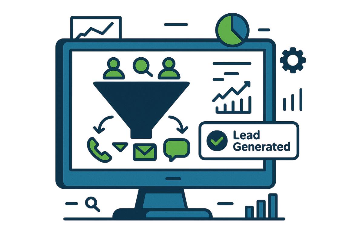 Graphic illustration of a desktop computer showcasing a dashboard of leads flowing in, signifying business lead generation in Perth.