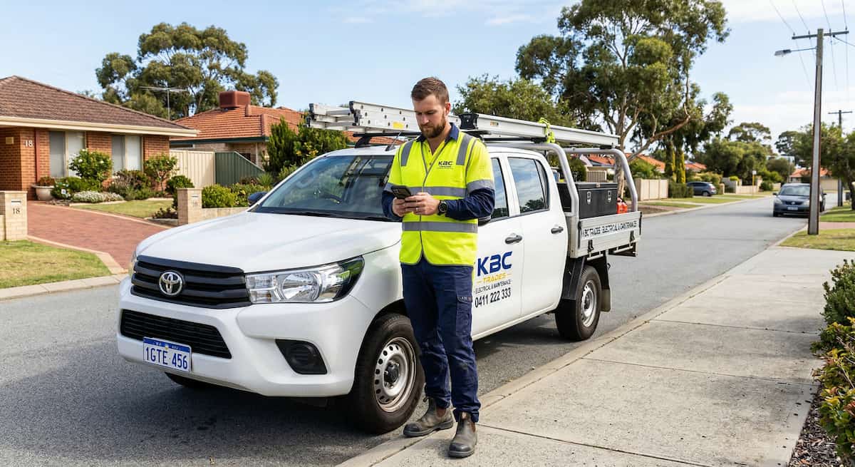 Electrician standing beside a white work ute on a suburban street in Perth, checking a phone before a residential job.