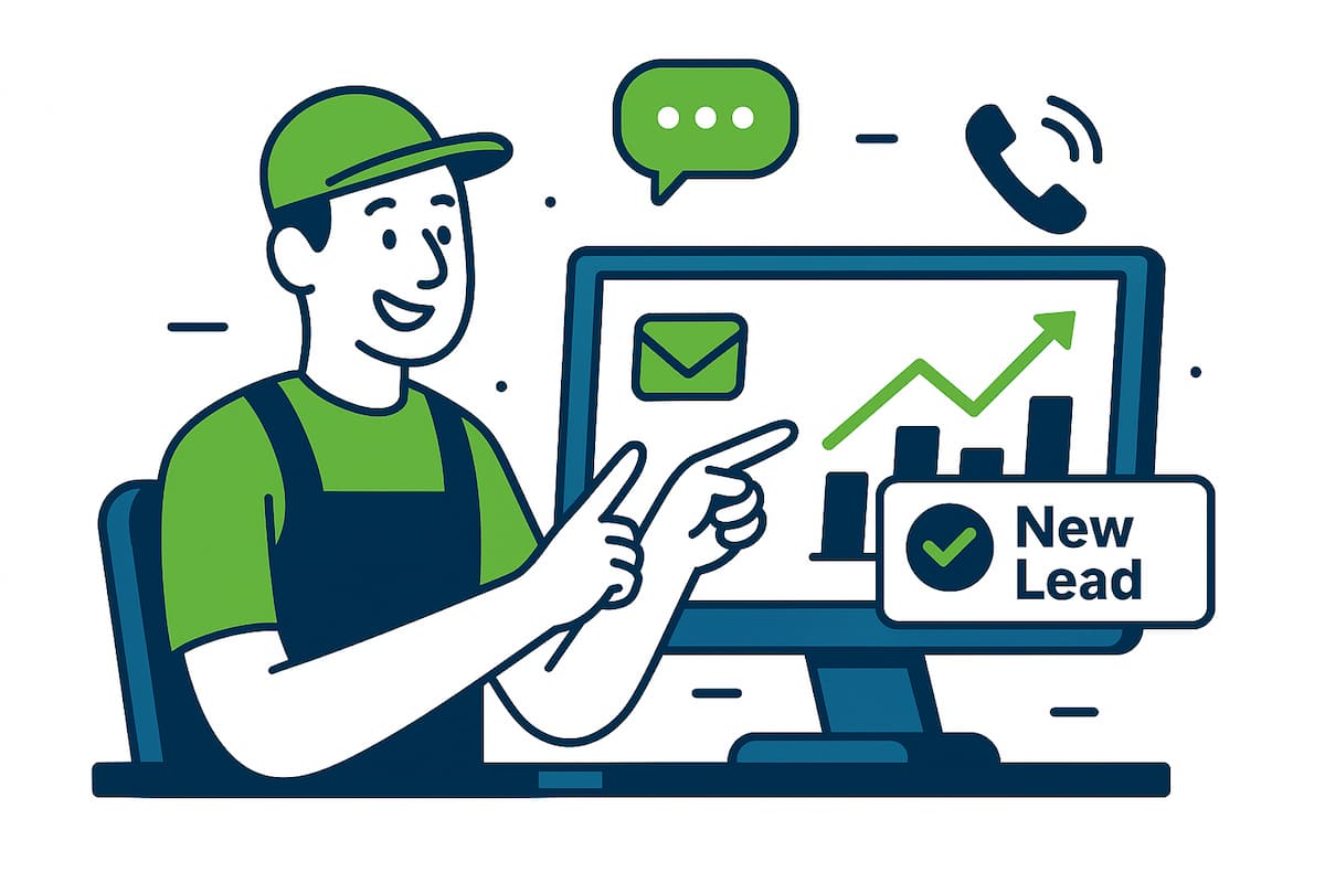 Illustration of a tradesperson receiving a new lead notification on a desktop computer.