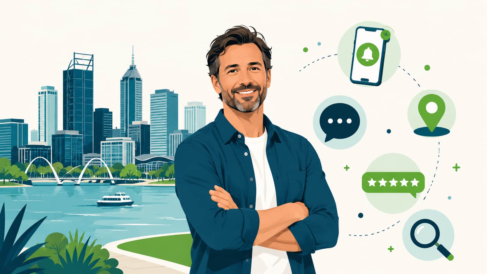 Lead generation strategies for Perth small businesses, illustrated with Perth skyline.